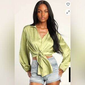 Lulus Satin Button-Down Tie-Front Shirt in Light Green
